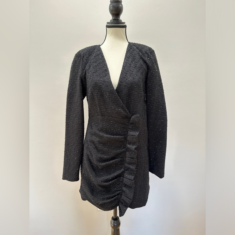 ZARA TEXTURED WEAVE TWEED LITTLE BLACK BLAZER DRESS RUFFLE METALLIC MINI